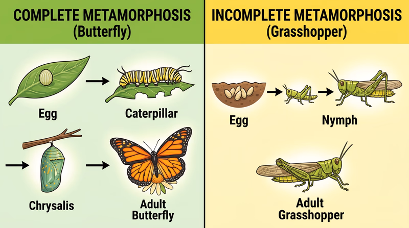 Comparison diagram showing butterfly stages egg caterpillar chrysalis adult beside grasshopper stages egg nymph adult, with the butterfly path showing a dramatic body-plan change and the grasshopper path showing gradual growth