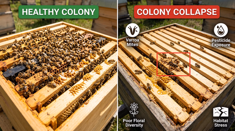 Comparison showing a healthy hive with workers, brood, and food stores beside a colony collapse scenario with queen and brood left behind but most workers missing