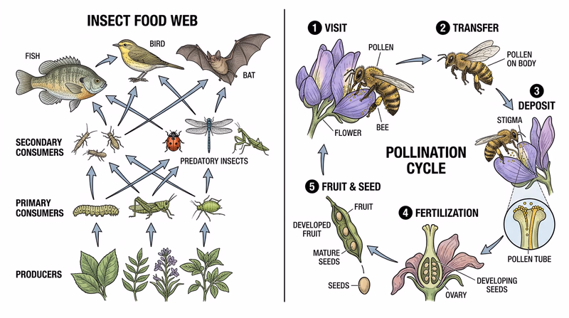 Two-part educational diagram showing insects as prey and predators in a food web alongside a pollination sequence of insect carrying pollen between flowers to fruit development