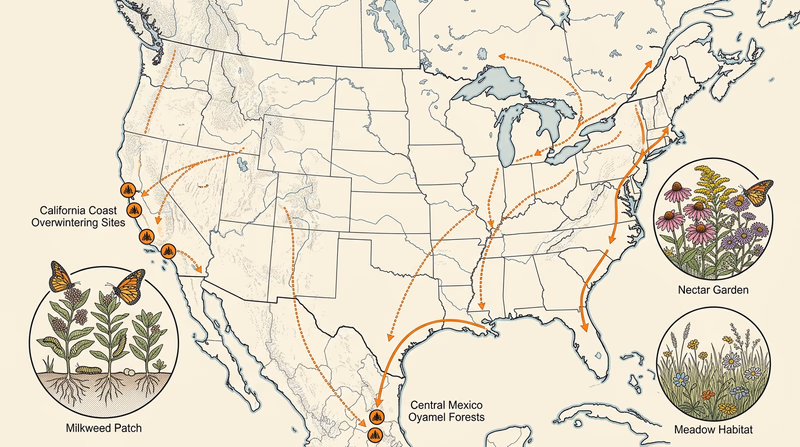 Map-style illustrated diagram showing monarch migration routes from northern breeding areas to Mexico and the California coast, with stopover habitat examples such as milkweed patches and nectar gardens along the route