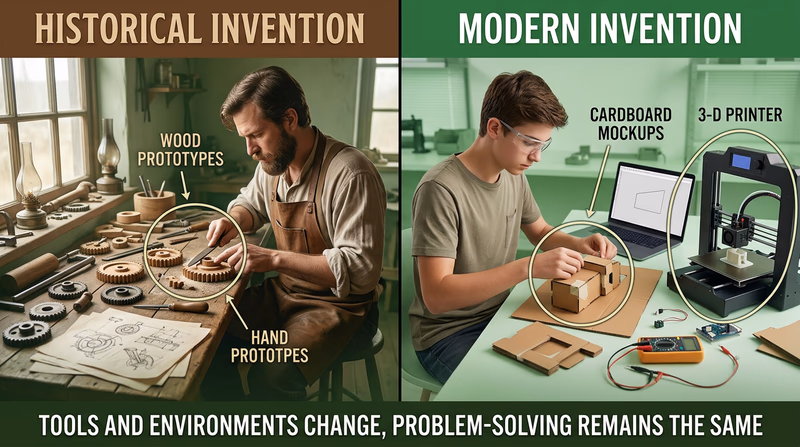 Side-by-side comparison of a historical inventor workshop and a modern inventor maker space