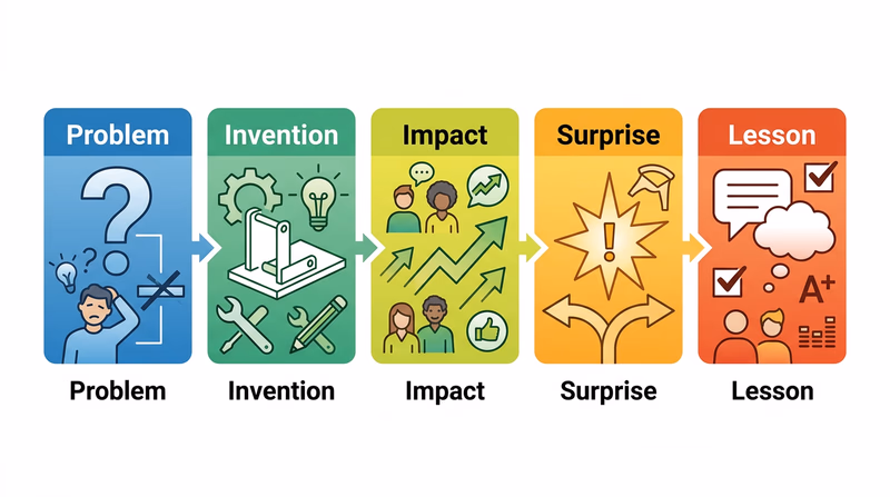Diagram showing the five-step story flow for an invention presentation