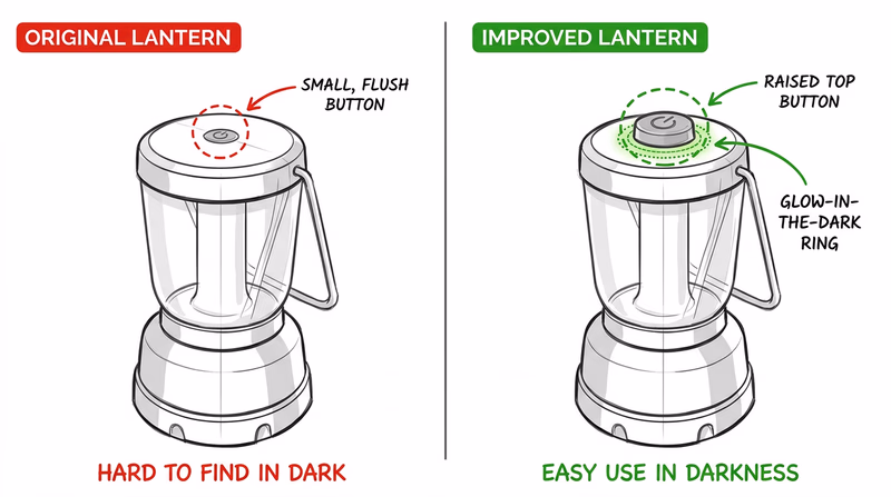 Side-by-side sketch showing an original camping lantern and an improved version with a larger raised button