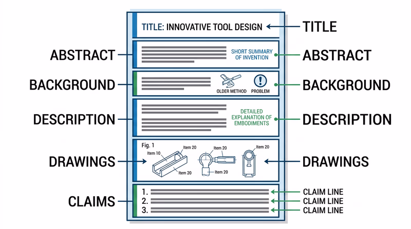 Diagram showing the main components of a patent document in order