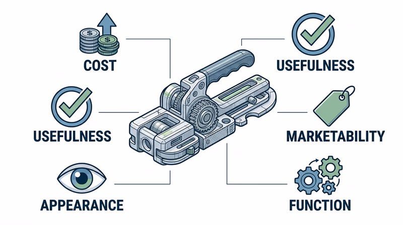 Visual scorecard showing the five prototype evaluation categories around a central prototype