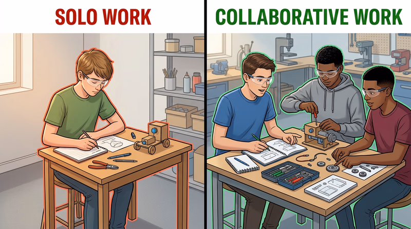 Comparison of one inventor working alone and a team collaborating around a prototype