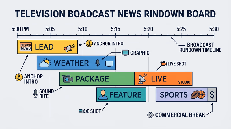 Broadcast rundown timeline showing story order, airtime blocks, and common on-air elements like anchor intro, package, live shot, and feature