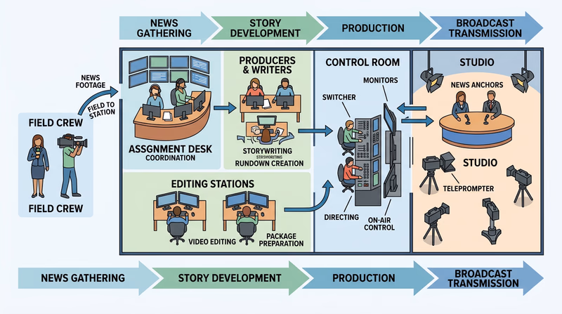 Top-down map of a station showing assignment desk, producers, studio, control room, and field crew with arrows for how information moves