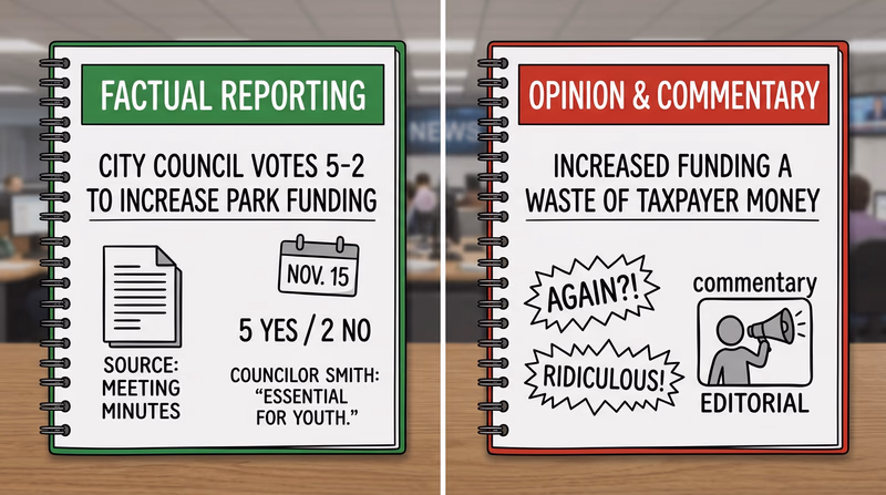 Side-by-side comparison showing how a fact is supported by evidence while an opinion uses judgment language