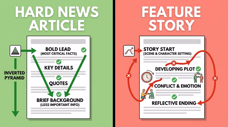 Split comparison of hard news structure versus feature story structure with different reading flow