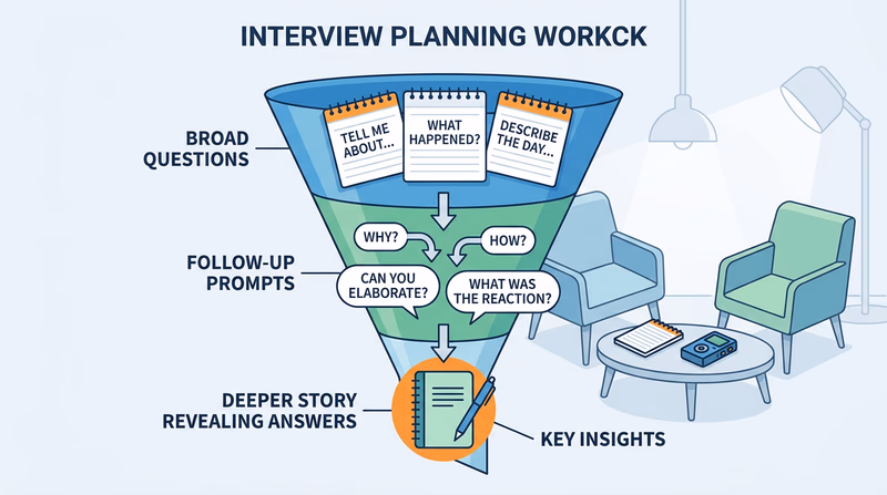 Visual funnel showing broad starter questions leading to deeper follow-up questions and stronger interview answers