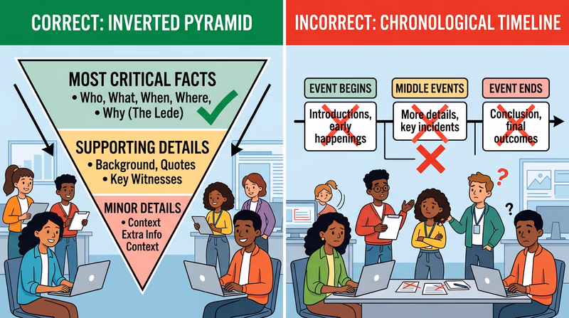 Comparison showing an inverted pyramid structure beside a chronological timeline of the same event