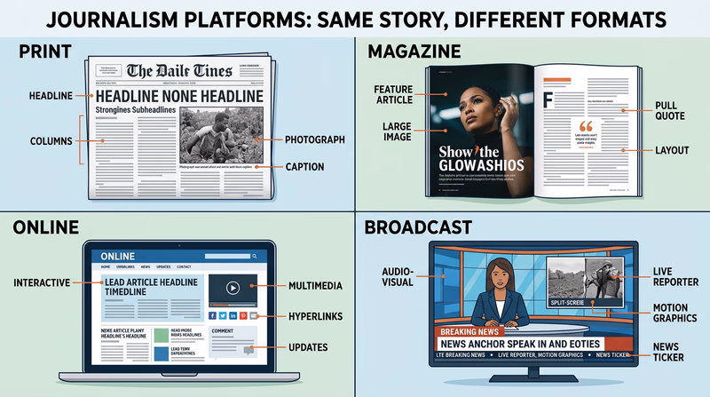 Four-panel overview showing how the same story appears in print, magazine, online, and broadcast formats