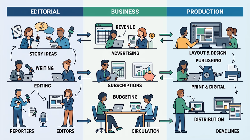 Diagram showing how editorial, business, and production departments connect inside a news organization