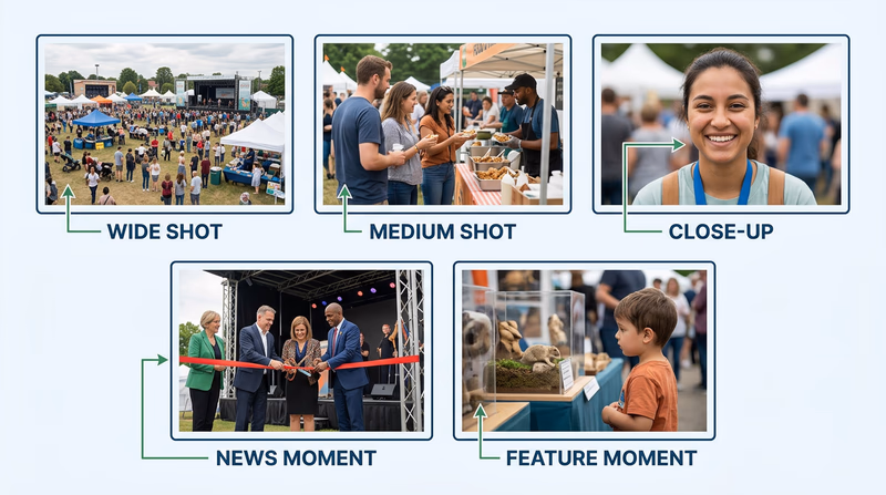 Five-panel grid showing wide, medium, close-up, news, and feature photo types from the same event