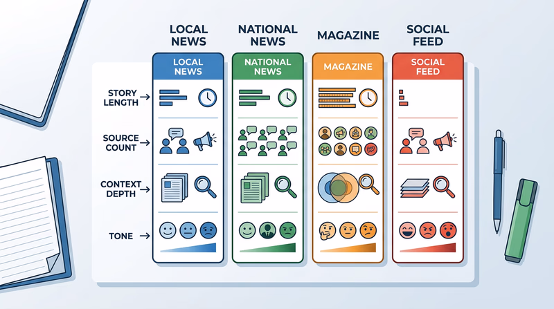 Comparison worksheet showing four sources side by side with headline angle, length, sources, context, and tone