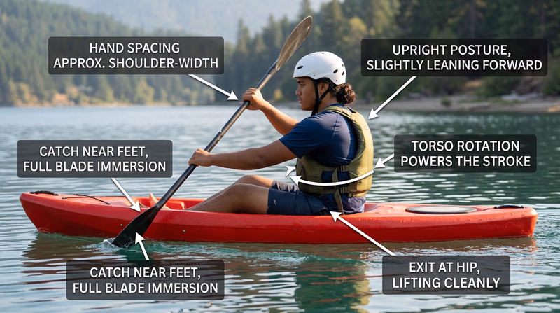 Annotated side-view image of a kayaker demonstrating an efficient forward stroke with posture and blade-path callouts.