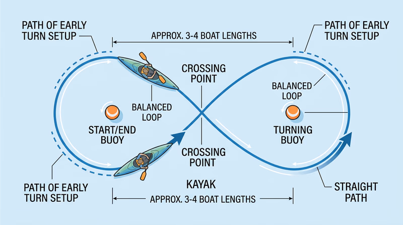 Bird's-eye diagram of a kayak paddling a figure-eight course around two buoys.