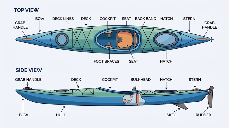 Educational diagram with side and top views of a kayak labeled with the major parts.