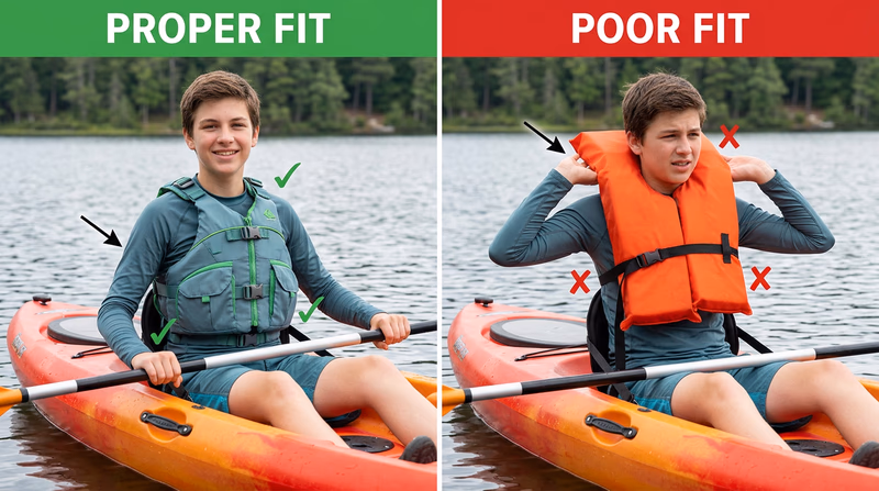 Side-by-side comparison of a properly fitted paddling life jacket and a poorly fitted jacket riding up at the shoulders while seated in a kayak.
