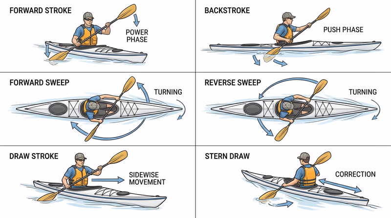 Illustrated grid showing six essential kayak strokes with distinct paddle paths.