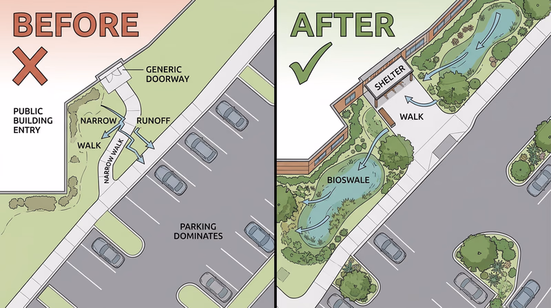 Before-and-after site plan showing a narrow wet entry transformed with a wider walk, shelter, trees, and bioswale