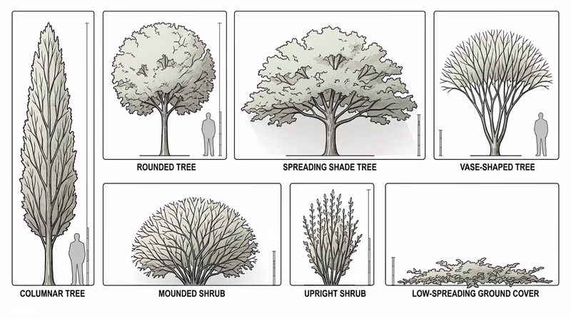 Comparison grid of common tree, shrub, and ground cover growth forms with labels showing shape differences