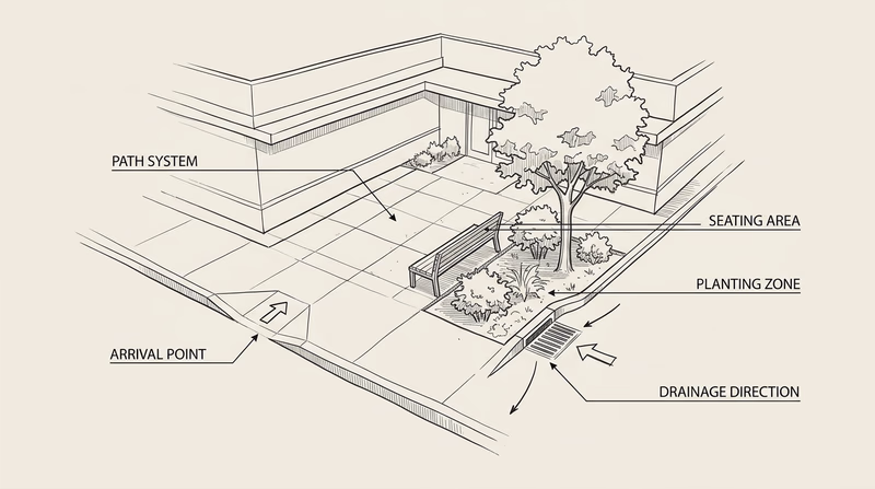 Small designed site with arrival point, path system, seating, planting zone, and drainage direction highlighted
