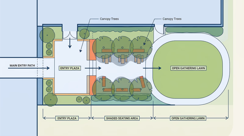 Top-down example showing entry plaza, shaded seating area, open lawn, and connecting paths as distinct outdoor rooms