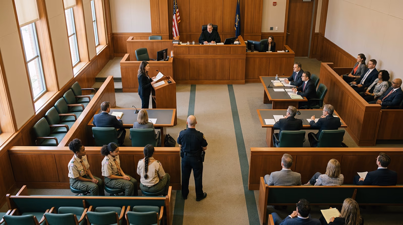 A courtroom scene split down the middle — one side representing a criminal case, the other a civil case