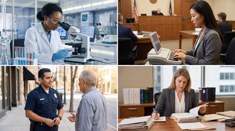 A collage of diverse law-related professionals at work — forensic scientist, court reporter, police officer, and paralegal