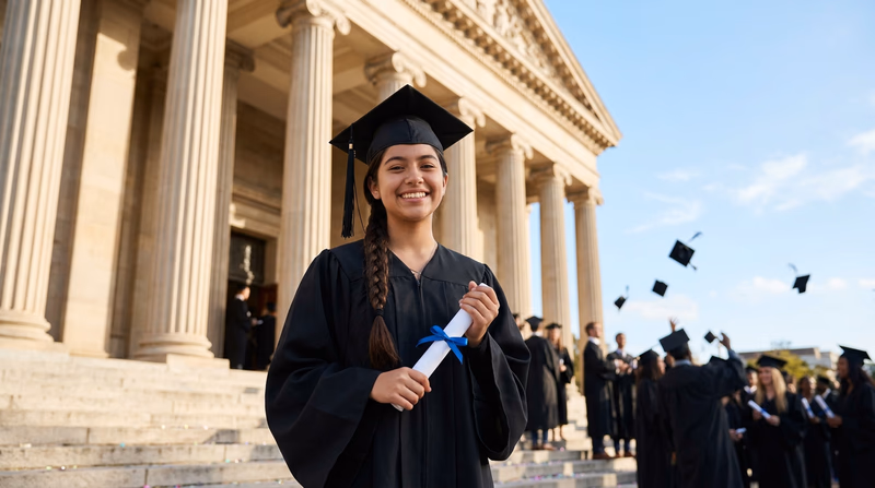 A young graduate in a cap and gown holding a law degree diploma in front of a university building