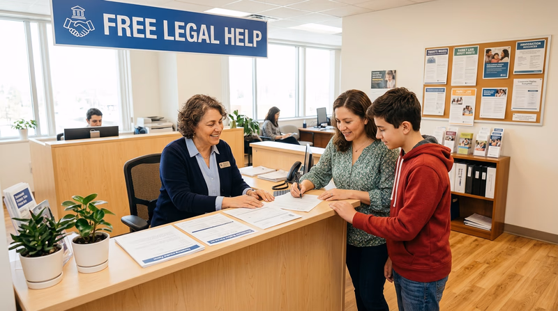 A welcoming legal aid office with a sign reading Free Legal Help where a staff member assists a family