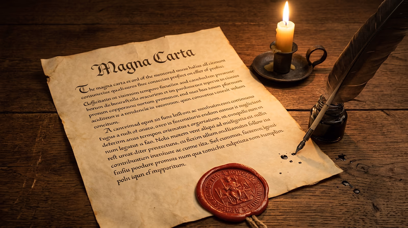 A stylized illustration of an aged parchment document with a wax seal, representing the Magna Carta, with a quill pen resting beside it