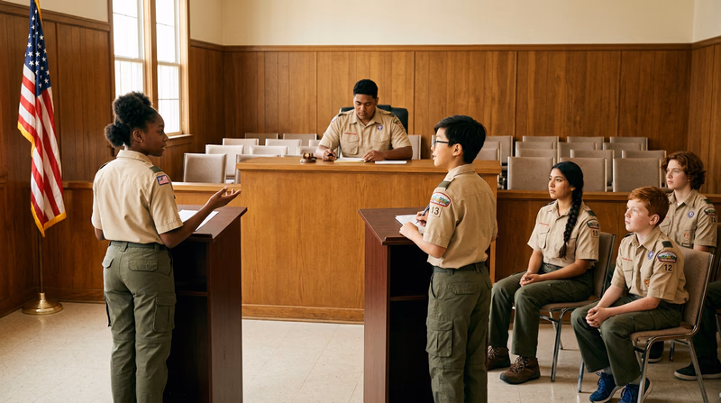 Scouts in a meeting room set up as a mock courtroom, with roles assigned as judge, attorneys, witnesses, and jury members