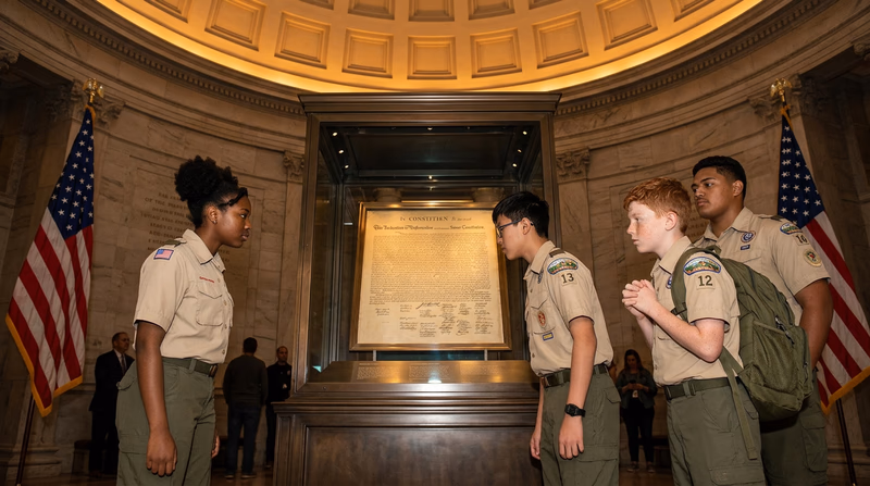 The rotunda of the National Archives in Washington, D.C., with visitors viewing the display cases containing the founding documents