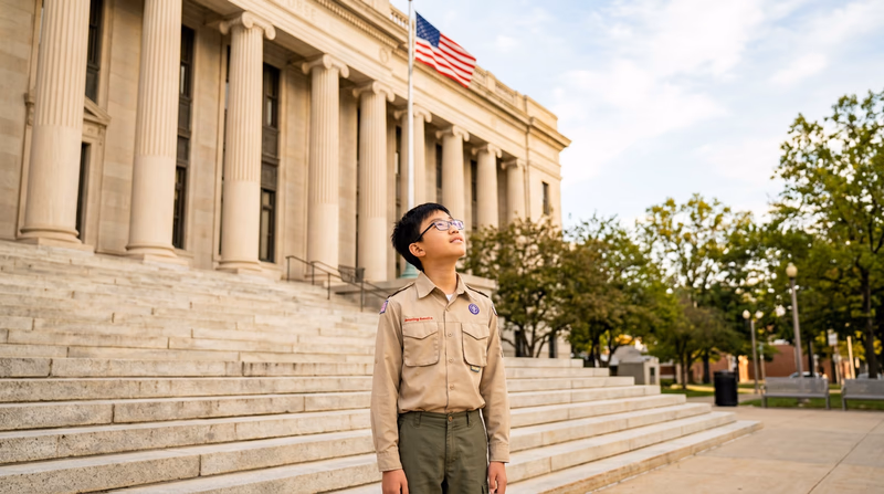 A Scout standing at the base of a courthouse with tall columns, looking up with curiosity and interest