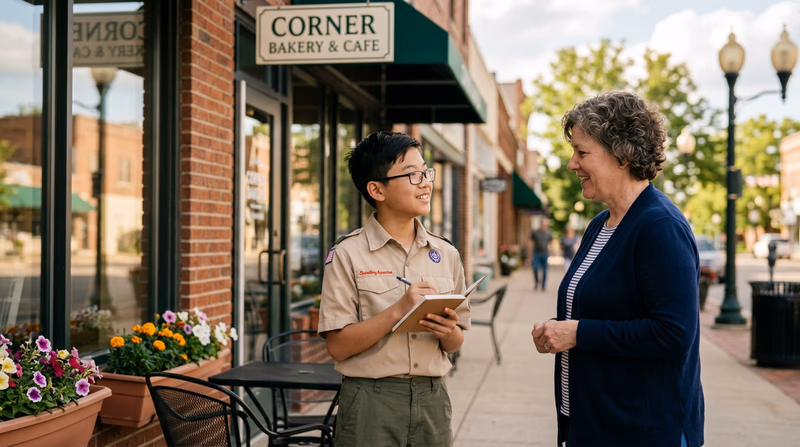 A Scout with a notebook talking to a community member outside a local business
