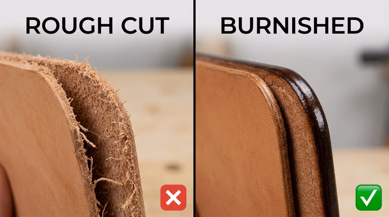 Side-by-side close-up of a rough fuzzy leather edge before finishing and a smooth burnished rounded edge after finishing