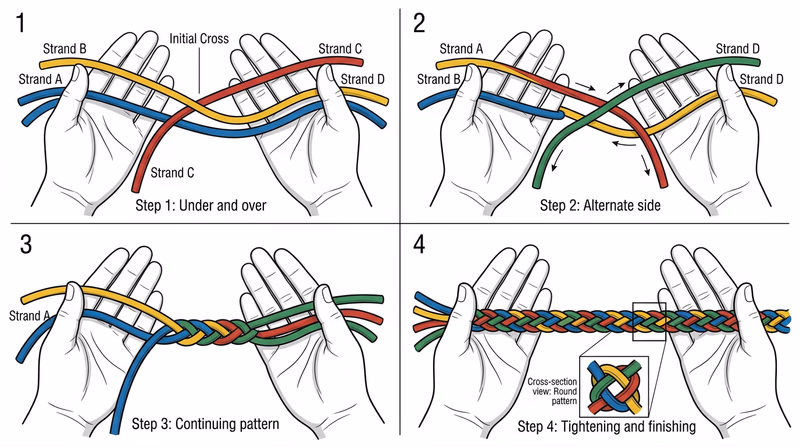 Four-panel illustrated sequence of a four-strand leather braid showing strand order changes and the emerging round braid pattern