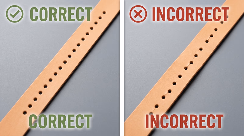 Side-by-side comparison of leather hole rows: one evenly spaced and parallel to the edge, one crooked with uneven spacing and drift