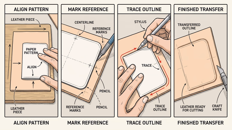 Four-panel step sequence showing paper pattern aligned on leather, centerline marked, tracing with stylus, and final transferred outline ready to cut