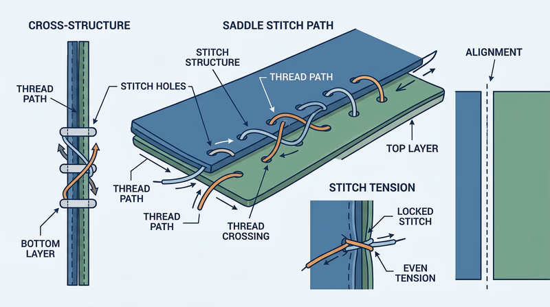 Close-up step diagram of two leather pieces aligned edge to edge with evenly spaced holes and a saddle stitch passing through both layers
