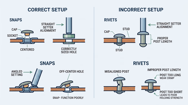 Diagram comparing correctly aligned snap and rivet placement with misaligned hardware, showing centered holes and straight setter position