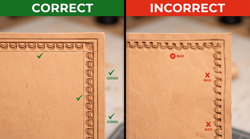 Comparison image showing a neat stamped border with even spacing beside a crowded uneven border with drifting impressions