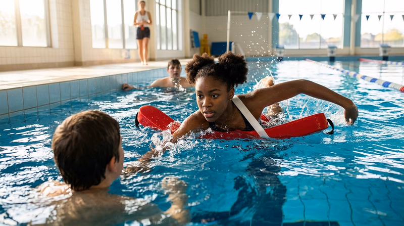 A Scout swimming toward a person in the water using a head-up front crawl, carrying a rescue tube clipped across the chest