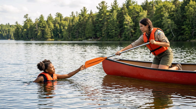 A rescuer in a canoe extending a paddle to a person in the water, approaching from a controlled angle with calm lake water around them