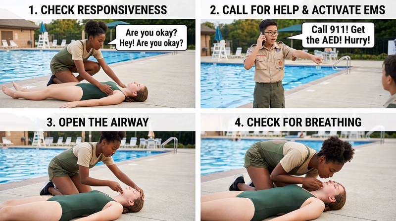 A four-panel illustration showing CPR assessment steps: checking responsiveness, calling 911, opening the airway, and checking for breathing