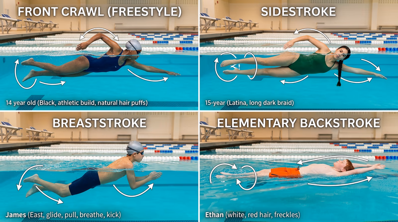 Four side-by-side illustrations showing the body position for front crawl, sidestroke, breaststroke, and elementary backstroke