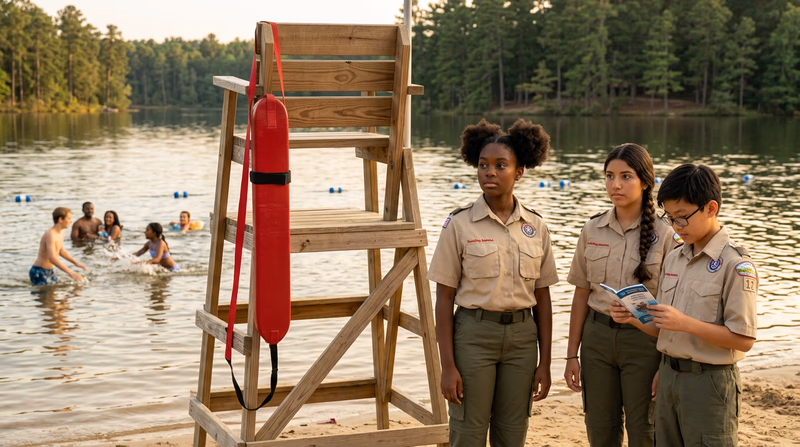 A lifeguard stand at a lake beach with a red rescue tube hanging on the side, swimmers visible in the background